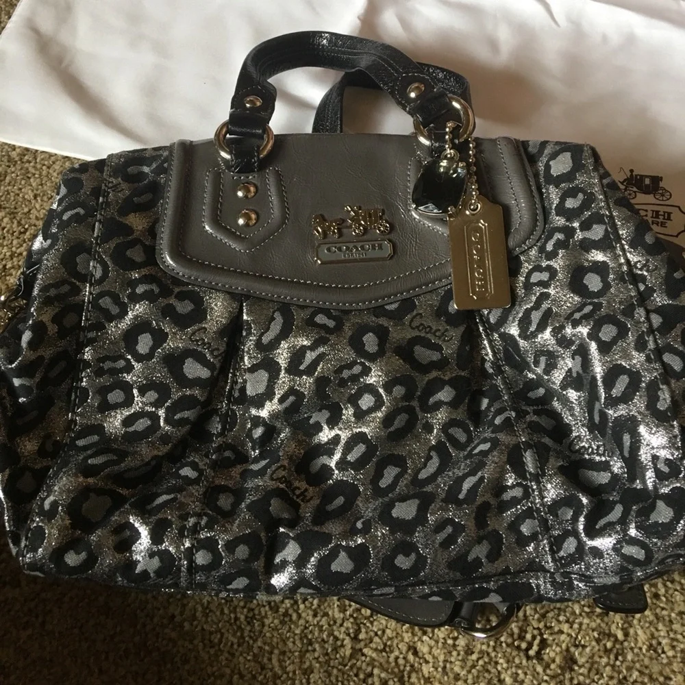 Coach Metallic Leopard Satchel Bag in Black/Silver With Matching Wristlet